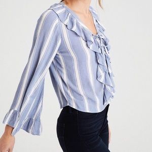 American Eagle Blue/White Ruffle Blouse